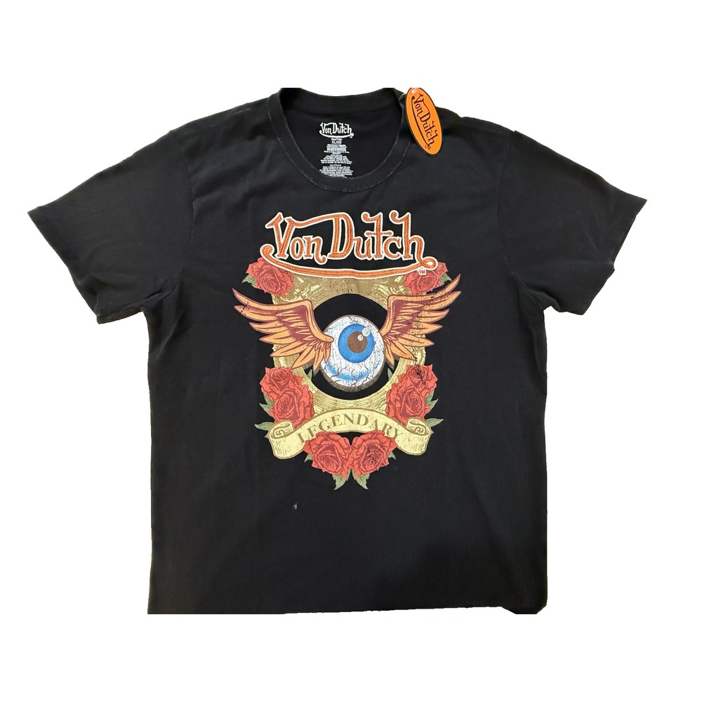 Von Dutch Shirt Mens Large Black Flying Eyeball Legendary Roses Embroidered NWT‎